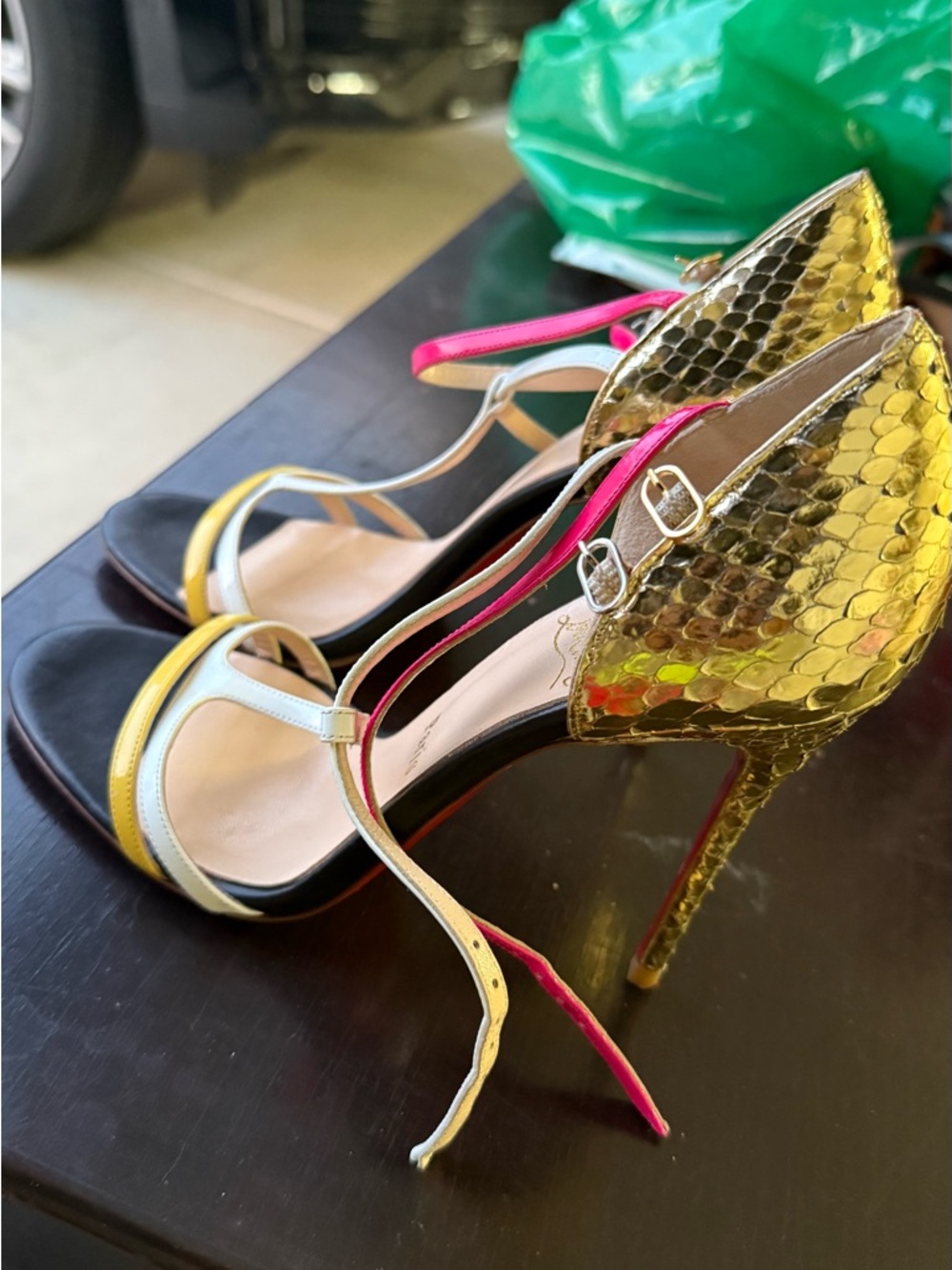 Christian Louboutin Yellow, Pink & White Patent Leather Strappy Heels - Picture 3 of 3